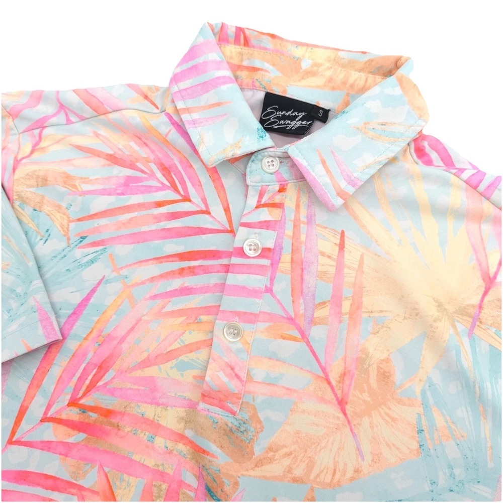 Sunday Swagger Polo Shirt Men Small Multicolor Tropical Palm Leaf Stretch Golf